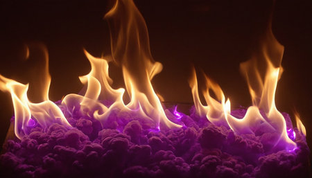 Fire flames on black background. Closeup of fire flames isolated on black background.の素材