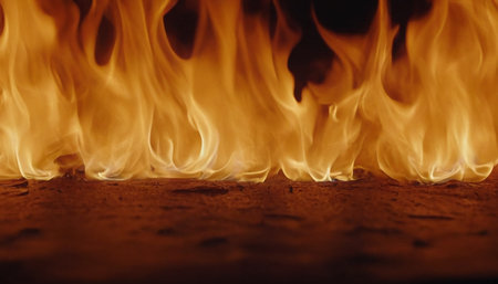 Fire flames on black background, closeup of fire flame texture.の素材