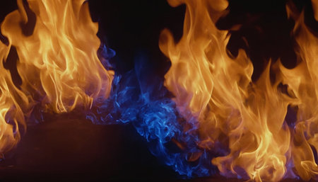 Flames of a fire on a black background. Close-upの素材