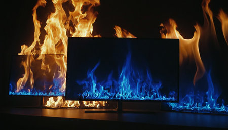 Burning computer monitor on table in dark room, closeup viewの素材