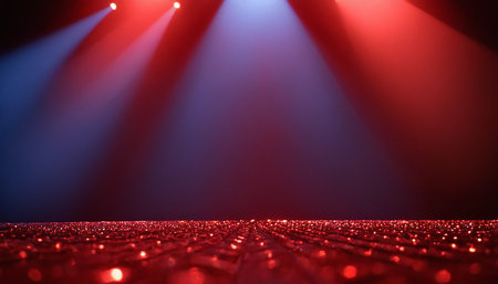 Red stage background with lighting and spotlights. 3d render illustrationの素材