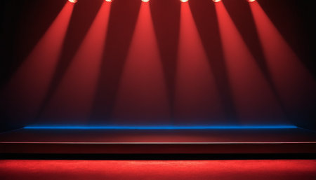 Red stage background with spotlights, 3d render illustration mockupの素材