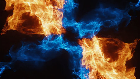 Blue and orange flames of fire on a black background, abstract backgroundの素材