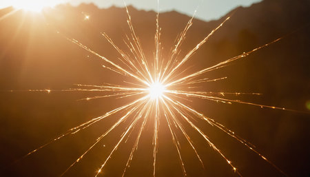 sunset in the mountains, close up of the rays of the sunの素材