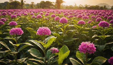 Pink hydrangea flowers blooming in the garden at sunsetの素材