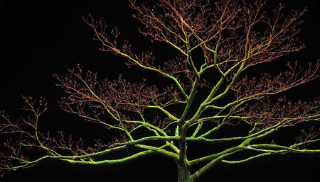 Tree in the night with neon lights on the branches and leafsの素材