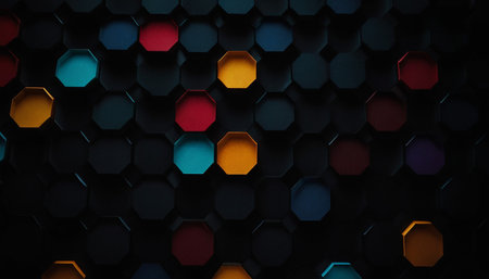 Abstract 3d rendering of chaotic hexagons. Futuristic background with hexagons. Honeycomb pattern.の素材