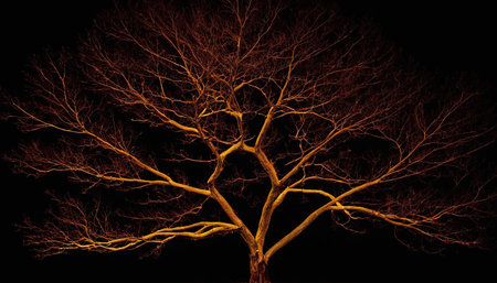 Silhouette of a bare tree at night with a black backgroundの素材