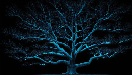 Illustration of an old tree on a dark background with blue lightsの素材