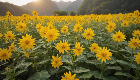Sunflower field in the morning with sun light at Doi Inthanon National Park, Chiang Mai, Thailandの素材