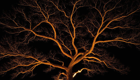 Dead tree at night with light and shadow on black background, Halloween conceptの素材