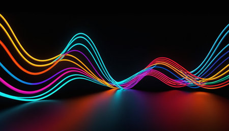 3d render of colorful neon lines on a black background. Futuristic technology background.の素材