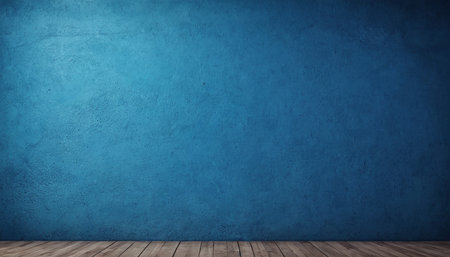 Blue wall and wooden floor. 3D rendering. Vintage background.の素材