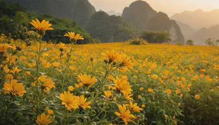 Sunflower field with mountain background in khao sok thailandの素材