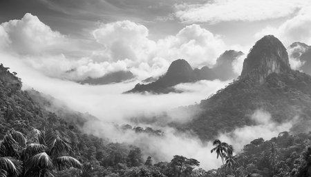 Beautiful tropical landscape with fog in the morning. Black and white.の素材