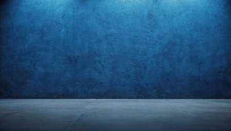 Blue concrete wall with floor and spotlights. 3d rendering.の素材
