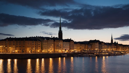Panoramic view of Gamla Stan in Stockholm, Sweden at night.の素材