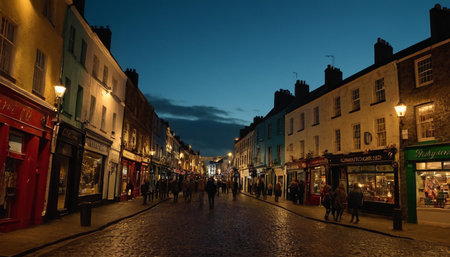 People walking on a narrow street at night.の素材