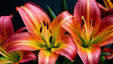 Lily flowers with water drops on petals close-up.の素材