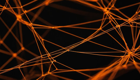 Abstract orange network connection on black background. Technology concept. 3D Renderingの素材