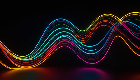 3d rendering of colorful neon waves on black background. Futuristic technology conceptの素材