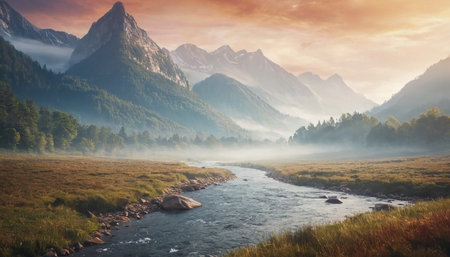 Mountain river in the morning mist. Landscape with a mountain river.の素材