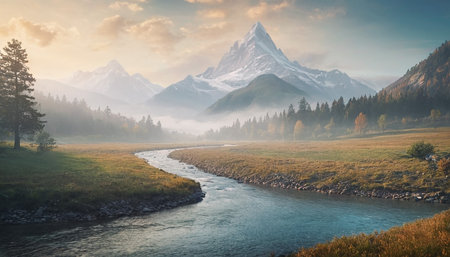 Beautiful autumn landscape with mountain river and snow-capped peaksの素材