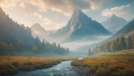 Foggy autumn morning in the mountains. Colorful autumn landscape with a mountain river.の素材