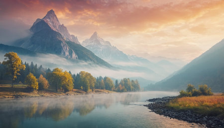 Foggy autumn morning in the Dolomites, Italy.の素材