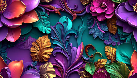 3d render, abstract background with colorful flowers, leaves, petals and curlsの素材