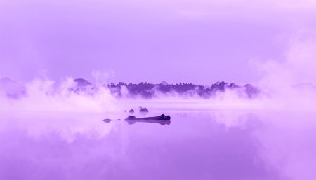 Silhouette of a boat on the foggy lake in the morningの素材