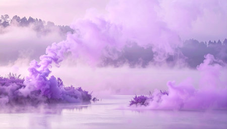 Foggy morning over the river. Landscape with fog.の素材