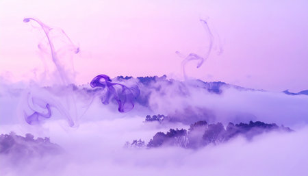 Beautiful foggy morning in the mountains. Blue and purple colors.の素材