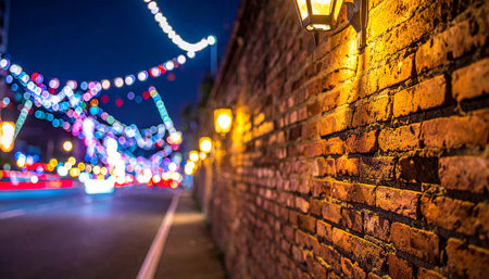 Brick wall and street lights at night in London, UK.の素材