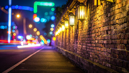 Brick wall and street lamps at night in Beijing, China.の素材