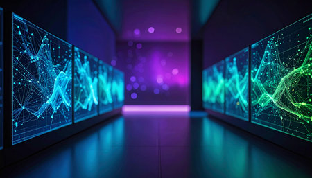3D rendering of a futuristic server room with glowing lights and hologramの素材