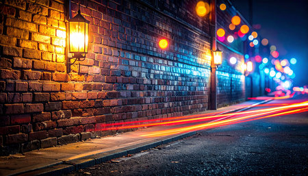 Brick wall and street lights at night in London, UK.の素材