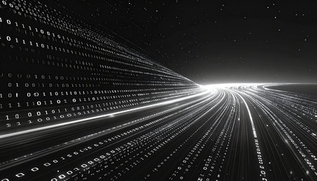 Binary code data flow on a dark background. 3D renderingの素材