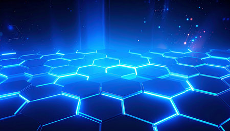 Abstract blue hexagon background with glowing neon lights. 3d renderingの素材
