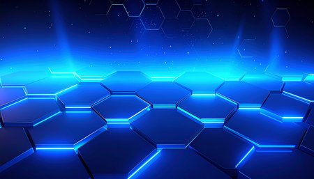 Abstract hexagon background with blue glowing neon lights. 3d renderingの素材