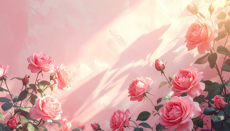 Flowers composition. Pink roses on pastel pink background. Flat lay, top view, copy spaceの素材