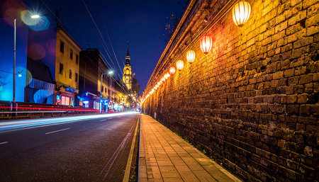 Night view of the old town in Gdansk, Poland.の素材