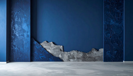 3d rendering of a blue room with a concrete floor and a marble wallの素材