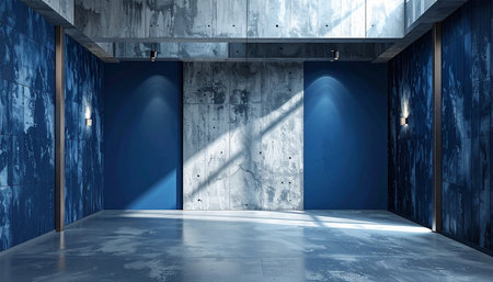 Interior of modern empty gallery with blue walls and concrete floor. 3d renderingの素材