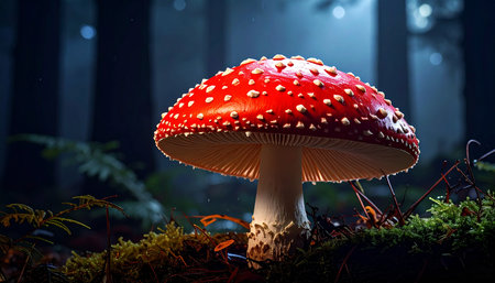 Red fly agaric mushroom in the dark forest, close upの素材