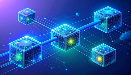 Blockchain technology concept. 3d isometric block chain connection. Vector illustrationの素材