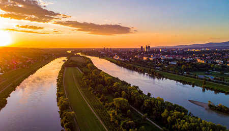 Aerial view of Wroclaw city at sunset, Poland.の素材