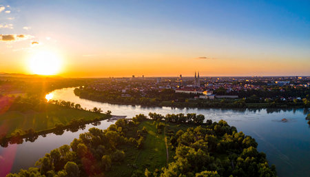 Panoramic view of the city of Nizhny Novgorod at sunsetの素材
