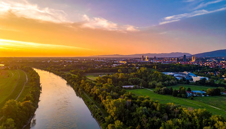 Aerial panorama of Vilnius city at sunset, Lithuaniaの素材