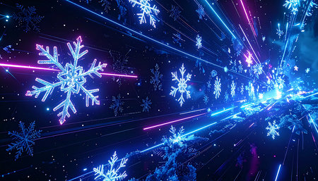 Futuristic abstract background with neon lights and snowflakes. 3d renderingの素材